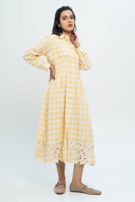 Buy_Pants And Pajamas_Yellow Cotton Embroidery Collared Hand Woven Check Dress 