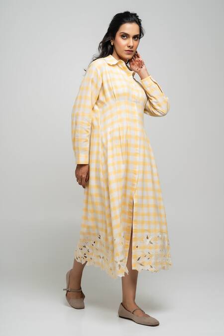 Shop_Pants And Pajamas_Yellow Cotton Embroidery Collared Hand Woven Check Dress 