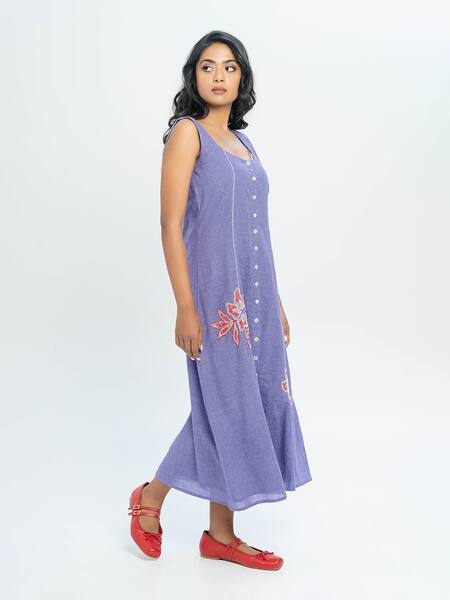 Pants And Pajamas Purple Cotton Embroidery Round Neck Hand Woven Midi Dress Online at Aza Fashions Pants And Pajamas_Purple Cotton Embroidery Round Neck Hand Woven Midi Dress _Online_at_Aza_Fashions