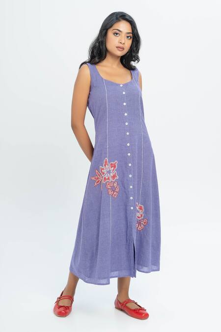 Buy Pants And Pajamas Purple Cotton Embroidery Round Neck Hand Woven Midi Dress Online at Aza Fashions Buy_Pants And Pajamas_Purple Cotton Embroidery Round Neck Hand Woven Midi Dress _Online_at_Aza_Fashions