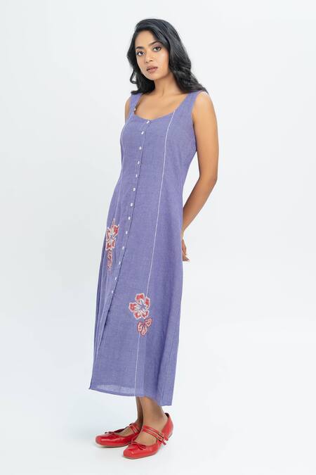 Shop Pants And Pajamas Purple Cotton Embroidery Round Neck Hand Woven Midi Dress Online at Aza Fashions Shop_Pants And Pajamas_Purple Cotton Embroidery Round Neck Hand Woven Midi Dress _Online_at_Aza_Fashions