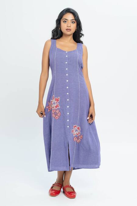 Pants And Pajamas Purple Cotton Embroidery Round Neck Hand Woven Midi Dress at Aza Fashions Pants And Pajamas_Purple Cotton Embroidery Round Neck Hand Woven Midi Dress _at_Aza_Fashions