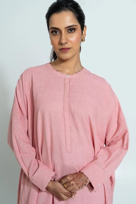 Pants And Pajamas_Pink , Handloom Embroidery Round Neck Hand Woven Tunic And Pants Set _Online_at_Aza_Fashions