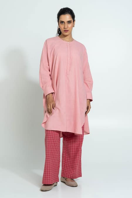 Buy_Pants And Pajamas_Pink , Handloom Embroidery Round Neck Hand Woven Tunic And Pants Set _Online_at_Aza_Fashions