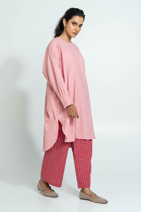 Shop_Pants And Pajamas_Pink , Handloom Embroidery Round Neck Hand Woven Tunic And Pants Set _Online_at_Aza_Fashions