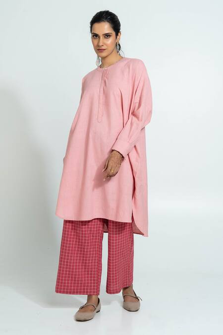 Buy_Pants And Pajamas_Pink , Handloom Embroidery Round Neck Hand Woven Tunic And Pants Set 