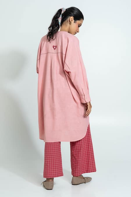 Shop_Pants And Pajamas_Pink , Handloom Embroidery Round Neck Hand Woven Tunic And Pants Set _at_Aza_Fashions