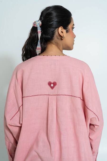 Shop_Pants And Pajamas_Pink , Handloom Embroidery Round Neck Hand Woven Tunic And Pants Set 