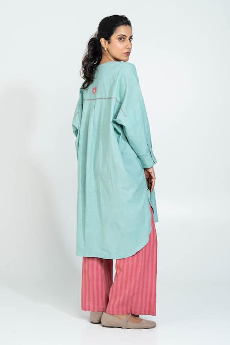 Shop_Pants And Pajamas_Aqua , Handloom Embroidery Round Neck Hand Woven Set _at_Aza_Fashions