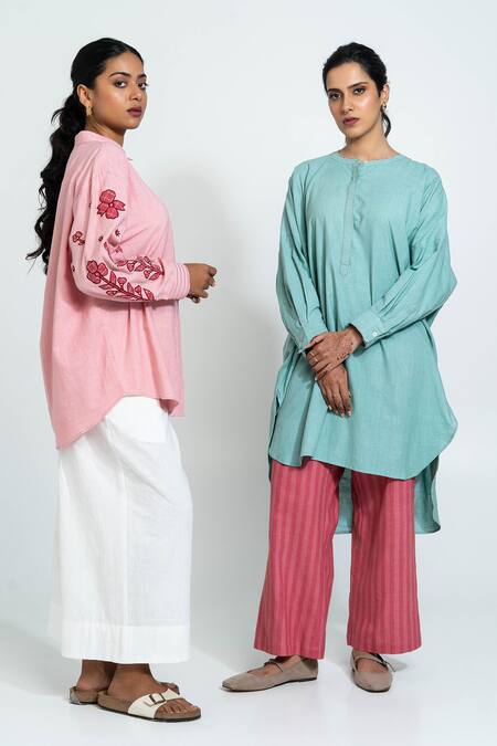 Pants And Pajamas_Aqua , Handloom Embroidery Round Neck Hand Woven Set _Online_at_Aza_Fashions