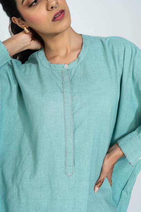 Buy_Pants And Pajamas_Aqua , Handloom Embroidery Round Neck Hand Woven Set _Online_at_Aza_Fashions