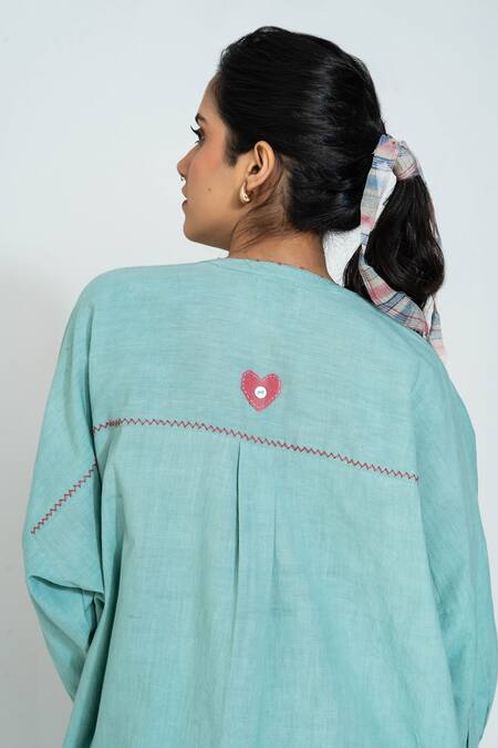 Shop_Pants And Pajamas_Aqua , Handloom Embroidery Round Neck Hand Woven Set _Online_at_Aza_Fashions
