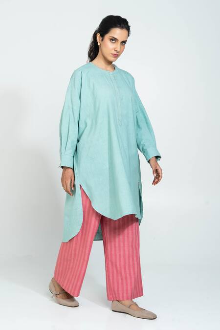 Pants And Pajamas_Aqua , Handloom Embroidery Round Neck Hand Woven Set _at_Aza_Fashions