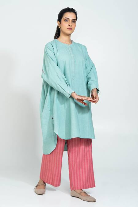 Buy_Pants And Pajamas_Aqua , Handloom Embroidery Round Neck Hand Woven Set 