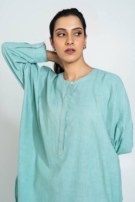 Shop_Pants And Pajamas_Aqua , Handloom Embroidery Round Neck Hand Woven Set 