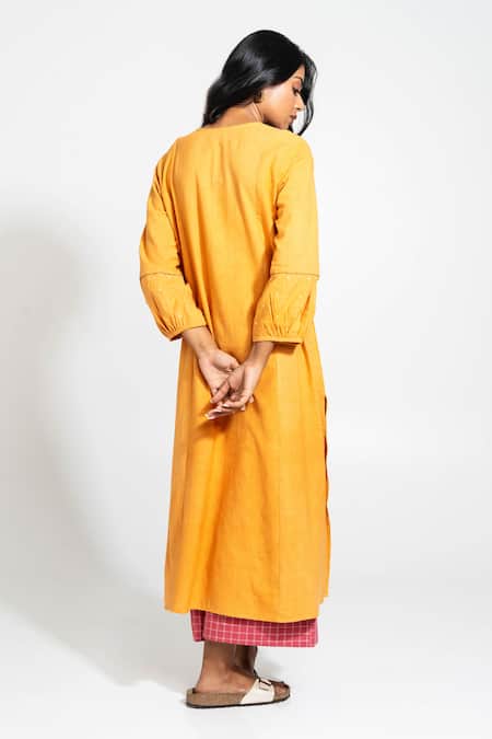 Shop_Pants And Pajamas_Mustard Handloom , Embroidery V-neck Hand Woven Set _at_Aza_Fashions