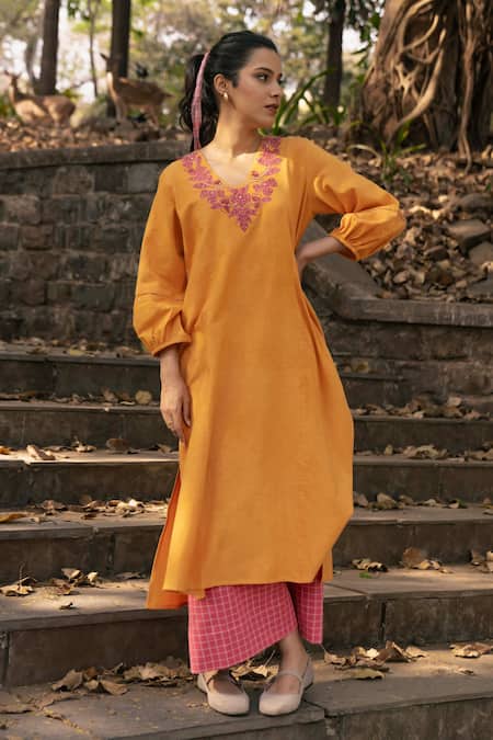 Buy_Pants And Pajamas_Mustard Handloom , Embroidery V-neck Hand Woven Set _Online_at_Aza_Fashions