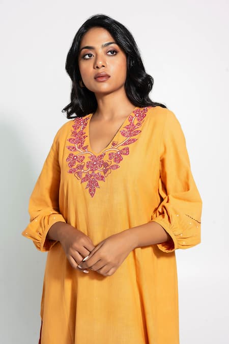 Shop_Pants And Pajamas_Mustard Handloom , Embroidery V-neck Hand Woven Set _Online_at_Aza_Fashions