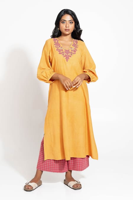 Pants And Pajamas_Mustard Handloom , Embroidery V-neck Hand Woven Set _at_Aza_Fashions