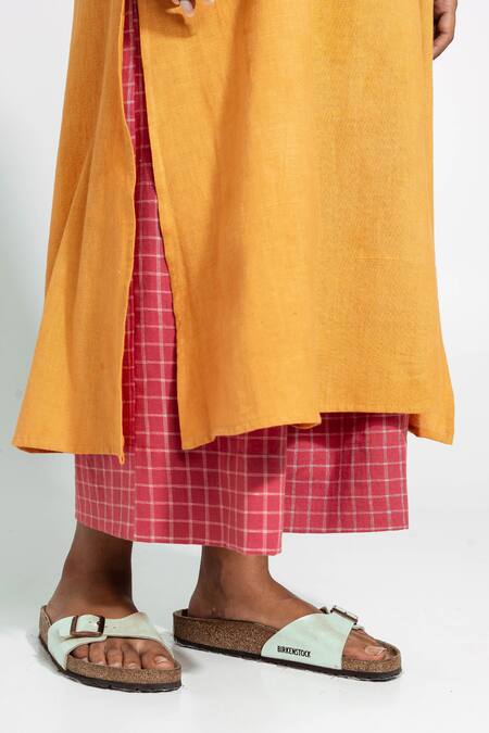 Shop_Pants And Pajamas_Mustard Handloom , Embroidery V-neck Hand Woven Set 