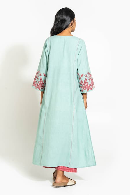 Pants And Pajamas Aqua Hand Woven Cotton Embroidered Kurta Set 