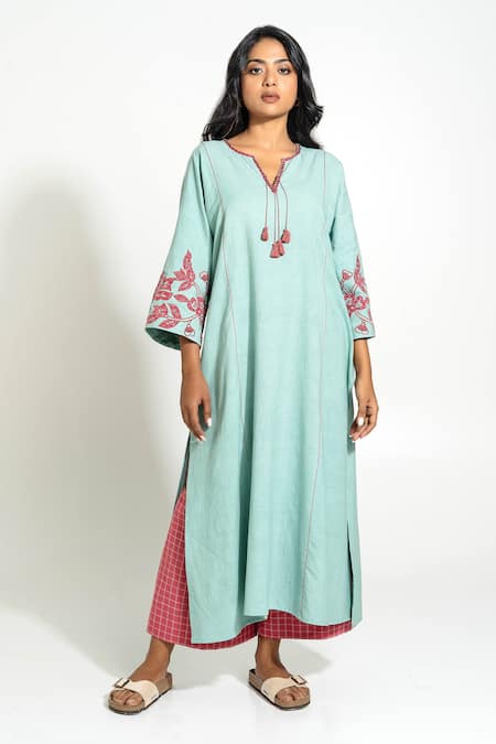 Shop_Pants And Pajamas_Aqua Handloom , Embroidery V-neck Hand Woven Kurta Set _Online_at_Aza_Fashions