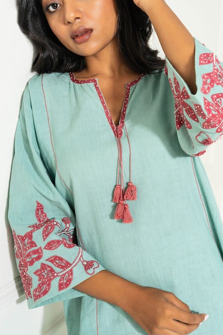 Shop_Pants And Pajamas_Aqua Handloom , Embroidery V-neck Hand Woven Kurta Set 
