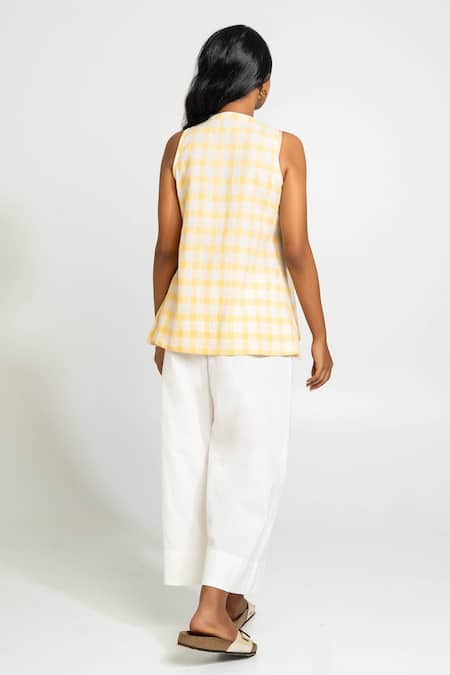 Shop Pants And Pajamas Yellow Cotton Round Neck And White Hand Woven Set at Aza Fashions Shop_Pants And Pajamas_Yellow Cotton Round Neck And White Hand Woven Set _at_Aza_Fashions