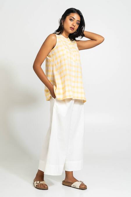 Pants And Pajamas Yellow Cotton Round Neck And White Hand Woven Set Online at Aza Fashions Pants And Pajamas_Yellow Cotton Round Neck And White Hand Woven Set _Online_at_Aza_Fashions