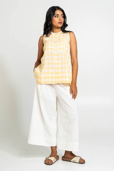 Buy Pants And Pajamas Yellow Cotton Round Neck And White Hand Woven Set Online at Aza Fashions Buy_Pants And Pajamas_Yellow Cotton Round Neck And White Hand Woven Set _Online_at_Aza_Fashions