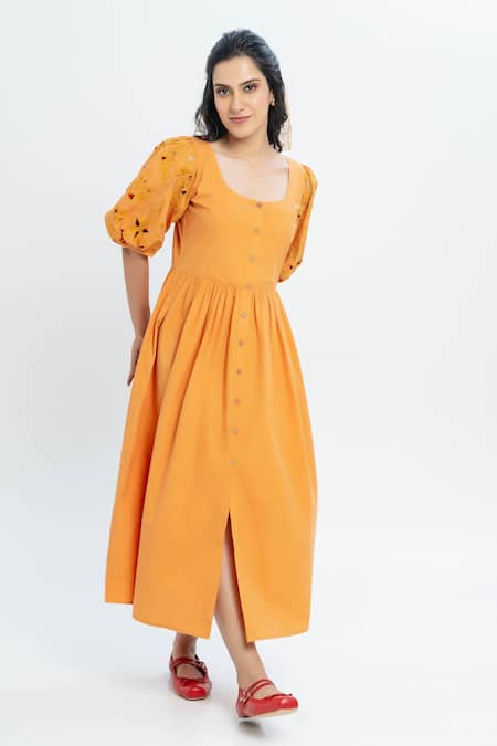 Pants And Pajamas_Mustard Poplin Embroidery Round Neck Dress With _Online_at_Aza_Fashions