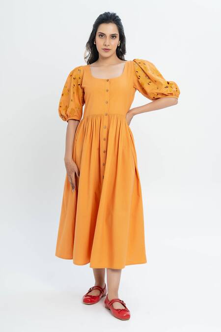 Buy_Pants And Pajamas_Mustard Poplin Embroidery Round Neck Dress With _Online_at_Aza_Fashions