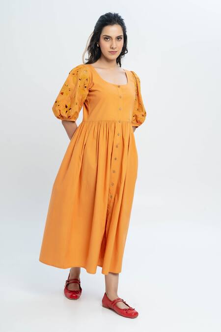 Shop_Pants And Pajamas_Mustard Poplin Embroidery Round Neck Dress With _Online_at_Aza_Fashions