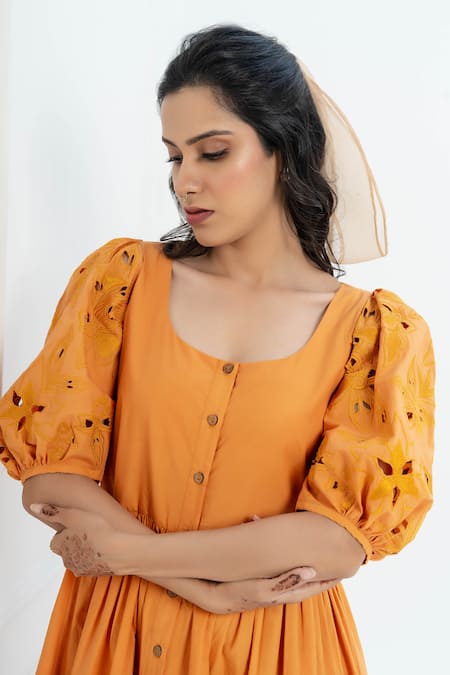 Pants And Pajamas_Mustard Poplin Embroidery Round Neck Dress With _at_Aza_Fashions