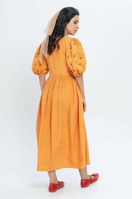 Shop_Pants And Pajamas_Mustard Poplin Embroidery Round Neck Dress With _at_Aza_Fashions