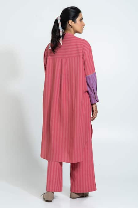 Shop_Pants And Pajamas_Pink Cotton Round Neck Stripe Hand Woven Set _at_Aza_Fashions