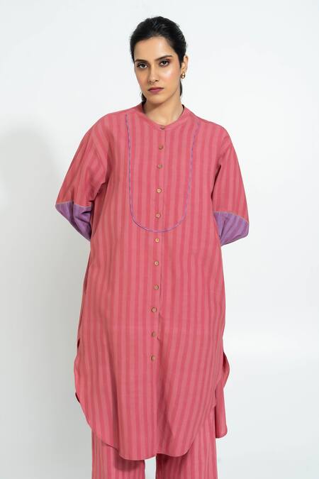Pants And Pajamas_Pink Cotton Round Neck Stripe Hand Woven Set _Online_at_Aza_Fashions
