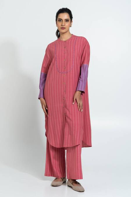 Buy_Pants And Pajamas_Pink Cotton Round Neck Stripe Hand Woven Set _Online_at_Aza_Fashions