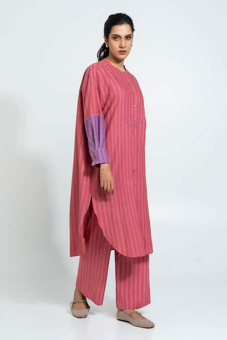 Shop_Pants And Pajamas_Pink Cotton Round Neck Stripe Hand Woven Set _Online_at_Aza_Fashions