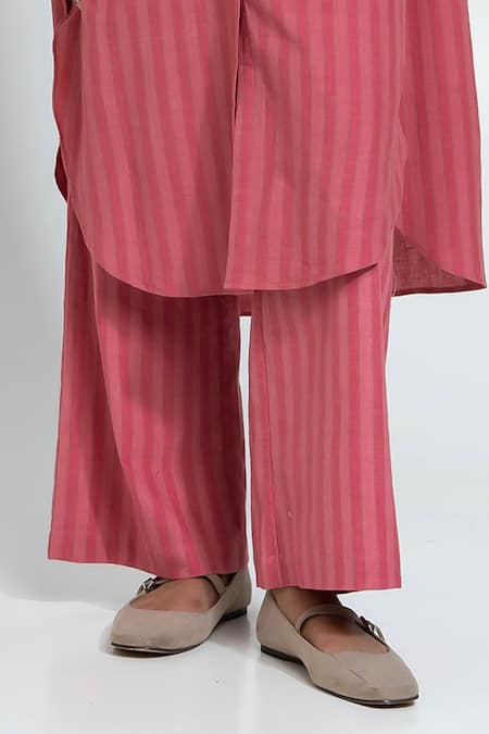 Pants And Pajamas_Pink Cotton Round Neck Stripe Hand Woven Set _at_Aza_Fashions