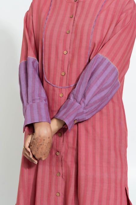 Buy_Pants And Pajamas_Pink Cotton Round Neck Stripe Hand Woven Set 