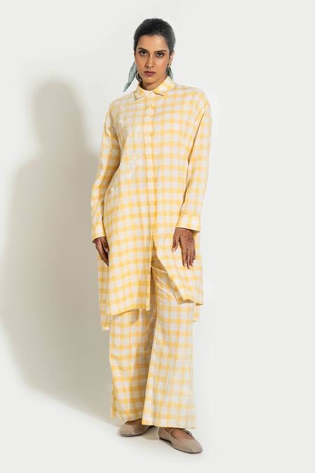 Pants And Pajamas_Yellow Cotton Embroidery Collared Check Hand Woven Tunic _Online_at_Aza_Fashions