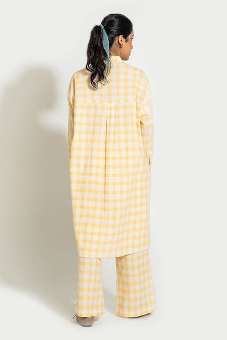 Shop_Pants And Pajamas_Yellow Cotton Embroidery Collared Check Hand Woven Tunic _at_Aza_Fashions