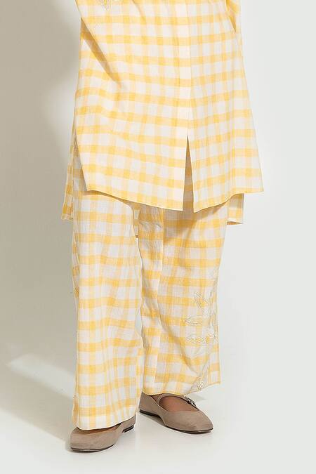 Shop_Pants And Pajamas_Yellow Cotton Embroidery Collared Check Hand Woven Tunic _Online_at_Aza_Fashions