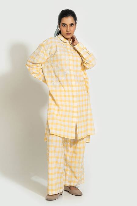 Pants And Pajamas_Yellow Cotton Embroidery Collared Check Hand Woven Tunic _at_Aza_Fashions