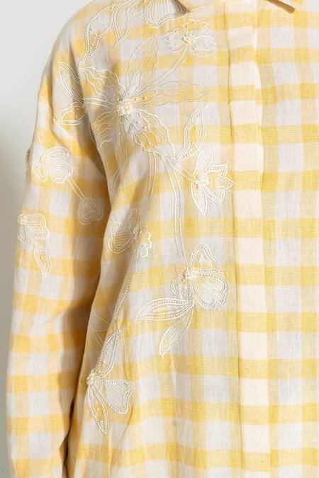 Buy_Pants And Pajamas_Yellow Cotton Embroidery Collared Check Hand Woven Tunic 