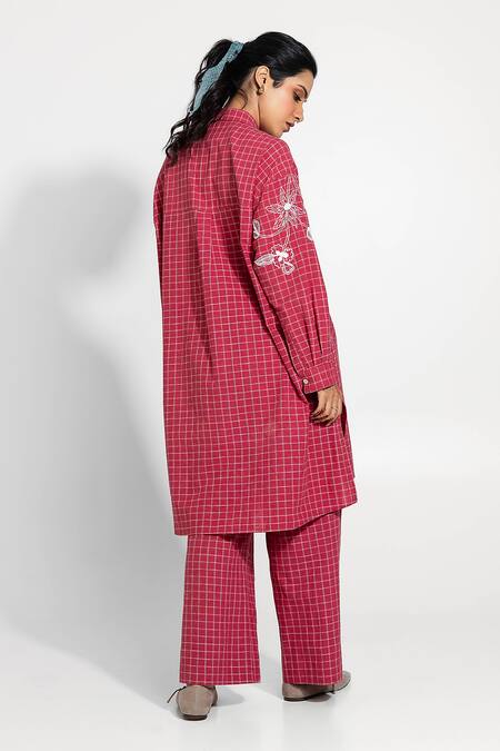 Shop_Pants And Pajamas_Red Cotton Embroidery Collared Hand Woven Tunic _at_Aza_Fashions
