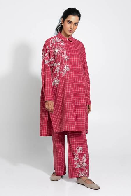 Pants And Pajamas_Red Cotton Embroidery Collared Hand Woven Tunic _Online_at_Aza_Fashions