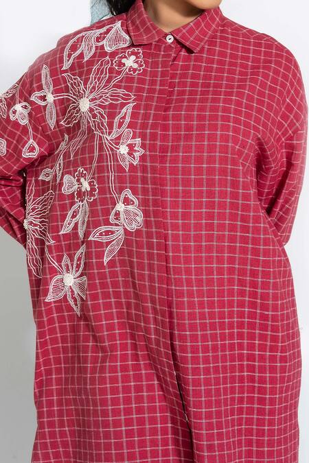 Shop_Pants And Pajamas_Red Cotton Embroidery Collared Hand Woven Tunic _Online_at_Aza_Fashions