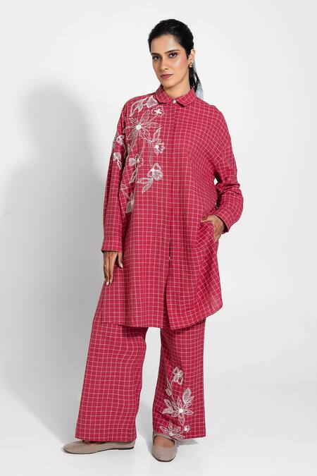 Pants And Pajamas_Red Cotton Embroidery Collared Hand Woven Tunic _at_Aza_Fashions